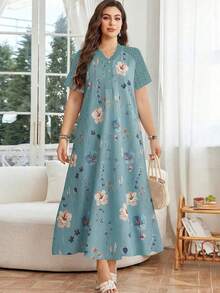 Lacomfia Vestido elegante de talla grande con estampado floral y encaje en contraste, para verano - Verde - Ver 3