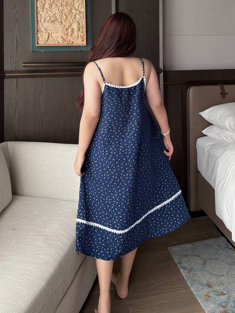 Dazy Plus Plus Size Women's Floral Lace Patchwork Sleeveless Adjustable Waist Nightgown, Spring/Summer Loungewear Dress