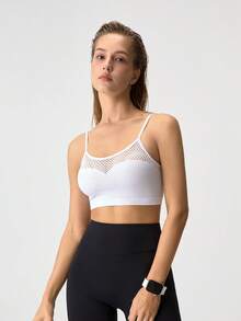 EMUPER 女士白色网纱拼接可调节肩带性感露脐文胸上衣 - 白色 - 查看 8