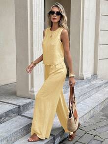 Serisse Women's Vacation Casual Solid Color Tank Top And Pants 2 Pieces Set,Work Outfits For Women,Vacation Outfits Women - Light Yellow - View 3