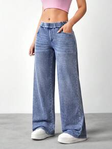 Flexra 女士松紧腰带口袋宽松休闲阔腿牛仔裤 - 藍色 - 查看 5