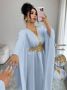 SHEIN Elenzya 金色滚边装饰优雅收腰修身舒适中长连衣裙，女士款 - 藍色 - 查看 5