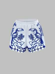 Swim Oasis 女士棕榈树印花吊带连体泳衣，带罩衫短裤，适合度假 - 藍白色 - 查看 7