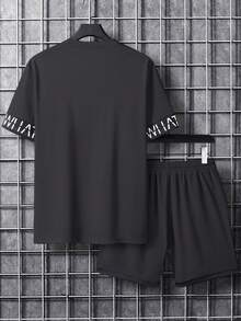 Manfinity Homme Men's Letter Print Round Neck Short Sleeve T-Shirt And Drawstring Waist Shorts Casual 2-Piece Set - Dark Grey - View 2