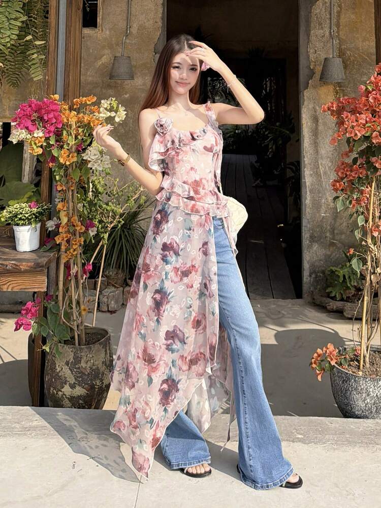 Women's Ruffled Floral Print Camisole, Fresh Korean Style Layering Vest