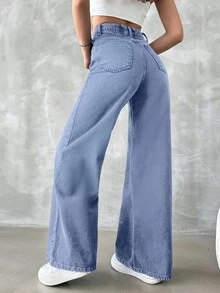EURMUSE 100%Cotton Women'S High Waist Wide Leg Jeans With Diagonal Pockets - Blue - View 2