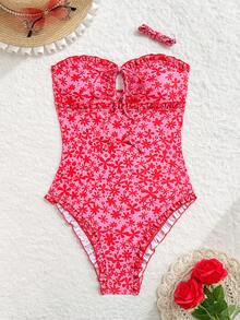 Swim Mod Áo tắm liền thân mùa hè dành cho nữ, họa tiết ngẫu nhiên, không dây, hở lưng, viền bèo nhún, ôm sát. - Nhiều màu - Xem 4