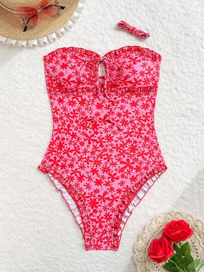 Swim Mod Traje de baño de una pieza de ajuste ceñido con volantes, estampado aleatorio, sin tirantes y sin espalda para vacaciones de verano en la playa de las mujeres