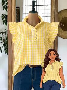 Rusticease Plus Size Women Plaid Button Design Cap Sleeve Blouse - Mustard Yellow - View 3