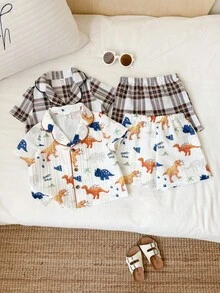SHEIN Bộ đồ ngủ unisex cho bé trai và bé gái, họa tiết xe cứu hỏa và kẻ caro dễ thương, gồm áo sơ mi ngắn tay cài cúc và quần short, thích hợp mặc ở nhà và ngoài trời, mùa xuân/hè. - Nhiều màu - Xem 3