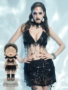 ROMWE Avant Fashionable Sexy 3D Floral Pearl Chain Decor Sequin Backless Halter Triangle Bikini Top - Black - View 9