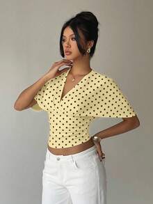 Aloruh Áo thun nữ cổ chữ V sâu, họa tiết chấm bi thanh lịch, thích hợp cho mùa hè. - Nhiều màu - Xem 4