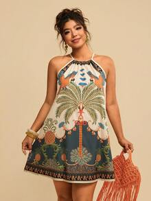 Travachic Plus Size Tropical Print Halter Neck Casual Dress - Multicolor - View 4