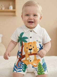 SHEIN 男嬰短袖翻領可愛老虎印花連身衣，前開襟按扣式，適合春夏，適用 3M-24M - 米色 - 查看 5