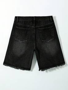 ROMWE MEN Street Life Quần short denim thường ngày in chữ đính đá có túi dành cho nam - màu đen - Xem 3