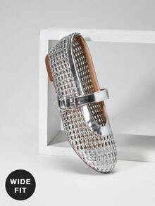 SHUZIA Ladies Wide Fit Crochet Woven PU Mary Jane Flats - Metallic Silver - View 6