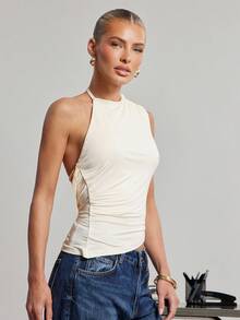 SHEIN Haute Áo trễ vai không đối xứng - Màu be - Xem 3