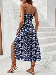 SHEIN Frenchy Women's Ditsy Floral Slit Design Casual Vacation Date Midi Slip Dress,Summer Dresses For Women - Green - View 2