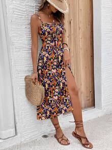 SHEIN Frenchy Đầm midi phong cách tối giản, họa tiết chấm bi trừu tượng màu tím và vàng, có đường xẻ tà, thích hợp cho kỳ nghỉ. - Nhiều màu - Xem 3