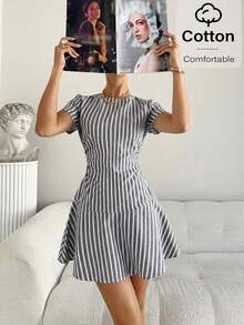 Siren Gaze 女士条纹圆领短袖收腰休闲迷你连衣裙，女士休闲连衣裙，短款连衣裙，棉质连衣裙，女士连衣裙，夏季条纹连衣裙，女士连衣裙，女士夏季连衣裙，女士夏季服装，女士休闲连衣裙，女士夏季连衣裙 - 黑與白 - 查看 5