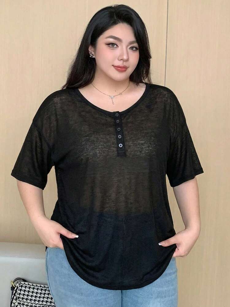 Dazy Plus Solid Color Scoop Neck Half-Open Collar Long Sleeve T-Shirt, Spring/Summer