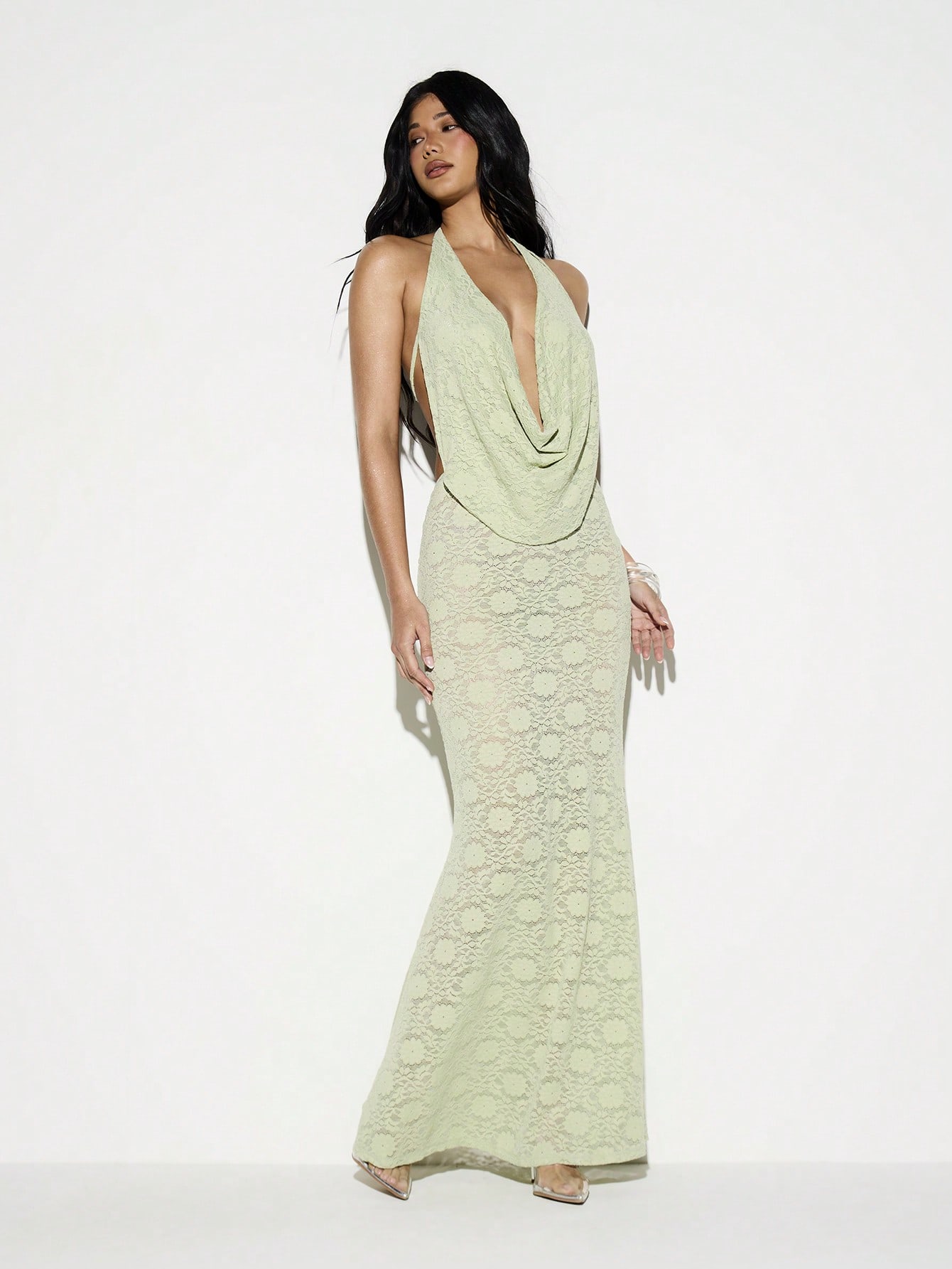 KIZN Sage Lace Halter Cowl Neck Maxi Dress