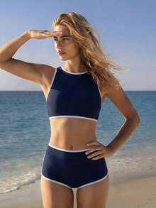 Swim SPRTY Women's Solid Color Surfing Bikini Set, Contrast Color Splice Elegant Beach Swimwear For Summer Vacation - Navy Blue - View 4