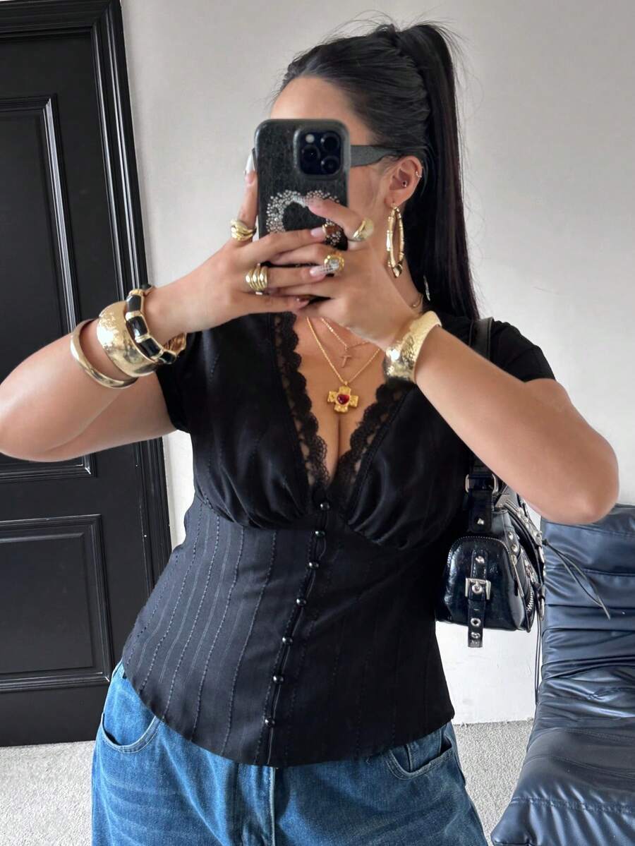 POPSWAY 女款夏季黑色優雅正式晚宴夜店秋季法式風格蕾絲飾邊V領收腰鏤空紋理襯衫上衣 - 黑色 - 查看 1