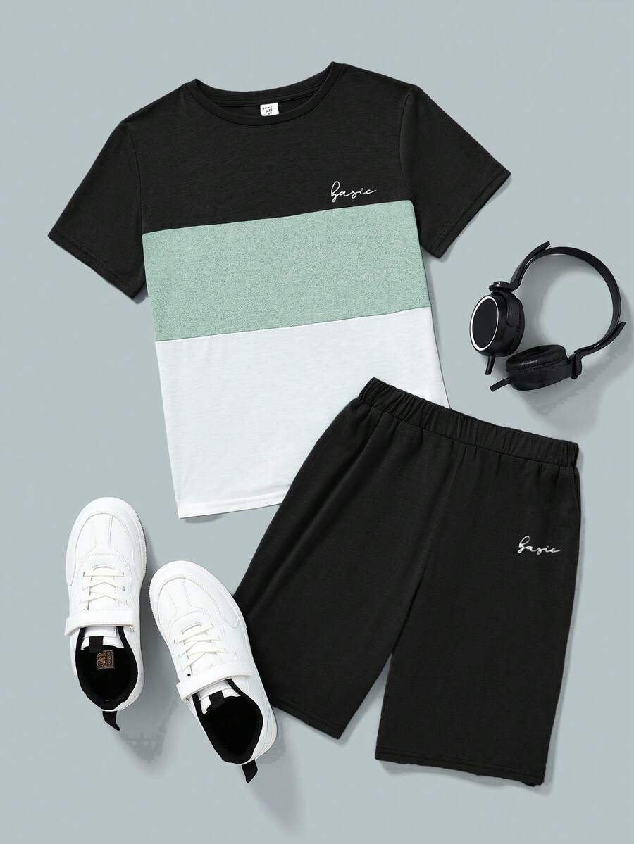 SHEIN Set Kaos Lengan Pendek dan Celana Pendek Kasual Musim Panas untuk Anak Laki-Laki Remaja, Cocok untuk Perjalanan Sehari-hari, Motif Huruf, dan Warna Kontras. - Mint Green - View 1