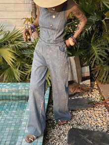 Bộ áo liền quần không tay cổ tròn dành cho nữ, bộ áo liền quần denim wash kiểu dáng thường ngày. - Rửa nhẹ - Xem 5