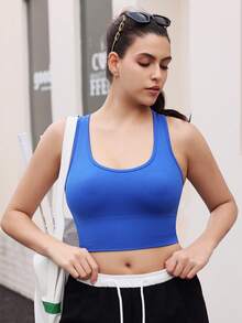 SHEIN Yoga Basic Sujetador deportivo sin costuras de unicolor con espalda de tirantes - azul real - Ver 5
