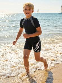 SHEIN Tween Boy Casual Sports Graphic Rash Guard Swimsuit, For Beach, Swimming, Surfing - Grey - View 5