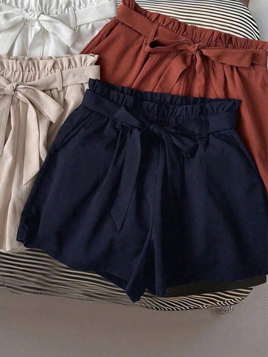 INAWLY Women's Casual Solid Color Belted Shorts, Versatile For Summer - Navy Blue - View 1
