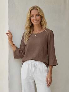 EMERY ROSE Women's Solid Color Minimalist Casual Round Neck Long Sleeve Shirt,Brown Top - Coffee Brown - View 4
