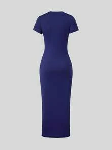 SHEIN ChillGRL Teen GirlCasual Minimalist All-Match Short Sleeve Knee-Length Dress - Navy Blue - View 2