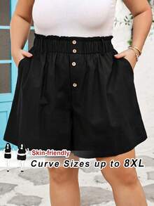 SHEIN CURVE+ Curve 尺码 US22 音乐节、海滨度假、波西米亚风女士黑色亚麻弹力褶皱休闲短裤，春夏女士短裤，春夏波西米亚复古棉质短裤 - 黑色 - 查看 3