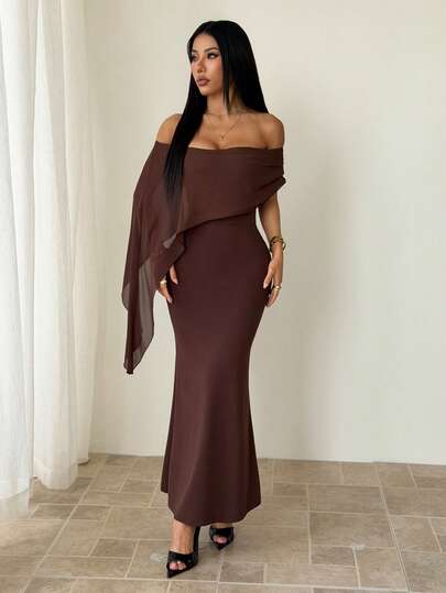 SHEIN PETITE Solid Brown Elegant Off-Shoulder Straight Fitted Dress, Suitable For Birthday Party, Banquet, Gathering Events, Autumn/Winter Layering Dress, Halloween, Christmas, Elegant Dress