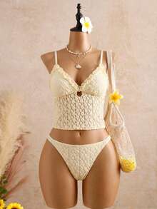 Bellisia Beige & Apricot Jacquard Blumen Süß Retro Lässig Urlaub Strand Damen Camisole Bikini Top - Verschiedenfarbig - Übersicht 1