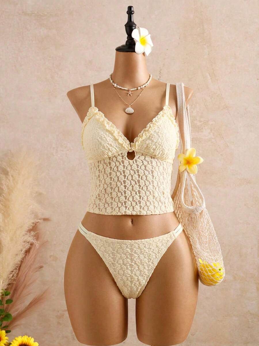 Bellisia Beige & Apricot Jacquard Blumen Süß Retro Lässig Urlaub Strand Damen Camisole Bikini Top - Verschiedenfarbig - Übersicht 1