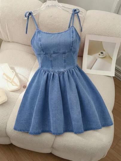 SHEIN MOD Women's Casual Knotted Shoulder Strap Denim Dress
