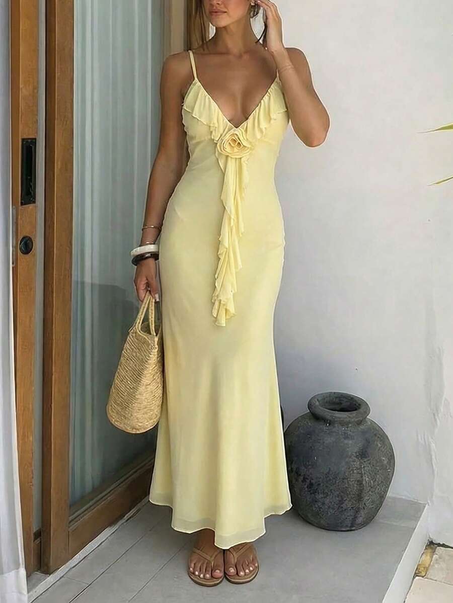 Aloruh Đầm maxi màu vàng nhạt, thanh lịch, lãng mạn, gợi cảm, thích hợp cho tiệc tùng, khu nghỉ dưỡng biển, ngày Valentine, mùa cưới, xếp ly sâu, họa tiết hoa 3D, eo thon, lưng hở, chất liệu xuyên thấu, màu vàng nhạt, đầm dự tiệc cưới, đầm nghỉ dưỡng, màu trơn.