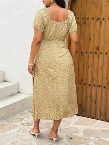 Sunnyshic Plus Size Diamond Collar Pattern Print A-Line Short Sleeve Dress - Multicolor - View 2