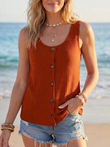 SHEIN LUNE 華夫格編織紐扣細節背心上衣 - 鏽棕色 - 查看 1