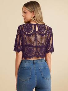 Amorya 女士优雅蕾丝短袖宽松衬衫，适合婚礼季、约会、春夏穿着，黑色 - 紫色 - 查看 2