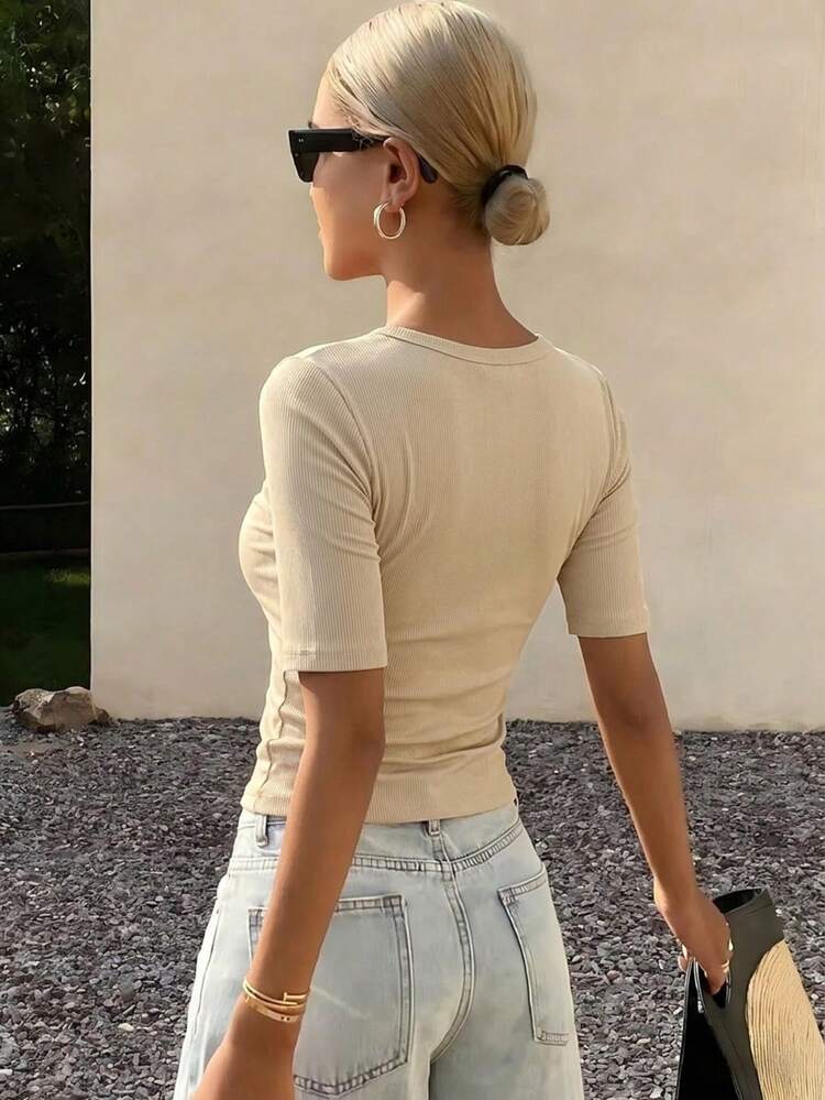 Women's Summer Square Neck Fitted Ribbed Casual Short Sleeve T-Shirt