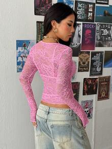 StreetHx 女士黑色蕾丝衬衫 - 粉色 - 查看 2