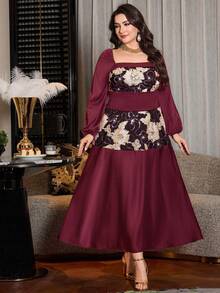 Modelyn Vestido Confortável com Decote Quadrado, Mangas Longas e Sem Mangas, Bordado com Lantejoulas e Contas, Adequado para Festa, Passeio e Trabalho, Plus Size para Mulheres - Vinho - Visão 3