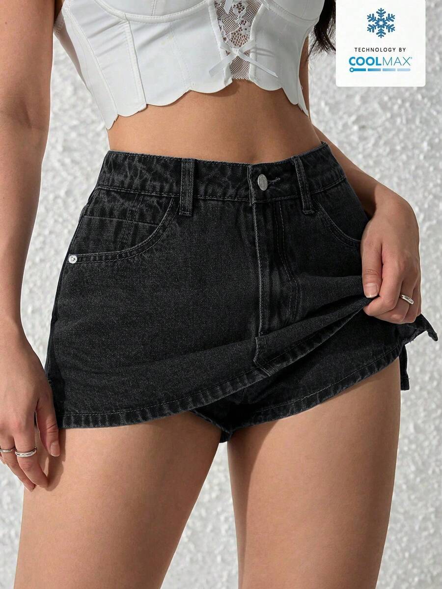 SHEIN PETITE 女款純色時尚口袋拉鍊牛仔迷你裙褲,適合嬌小女性 - 黑色 - 查看 1