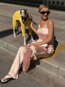 DAZY 女士优雅缎面蕾丝吊带背心和睡裤套装，夏季 - 粉色 - 查看 5