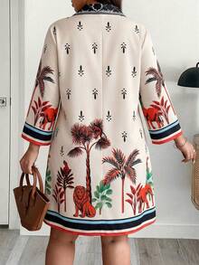 EMERY ROSE Đầm dài ngang gối tay lửng cổ bẻ họa tiết động vật và thực vật dành cho nữ cỡ lớn mùa xuân/hè, kiểu dáng thường ngày. - Nhiều màu - Xem 2